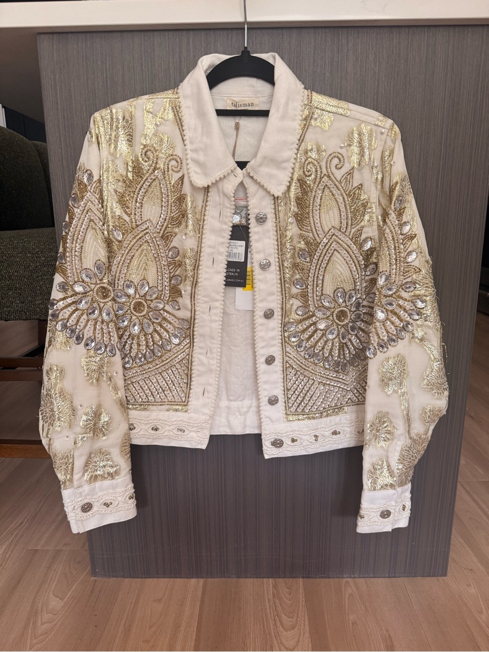 Gold-Embellished White Linen Jacket